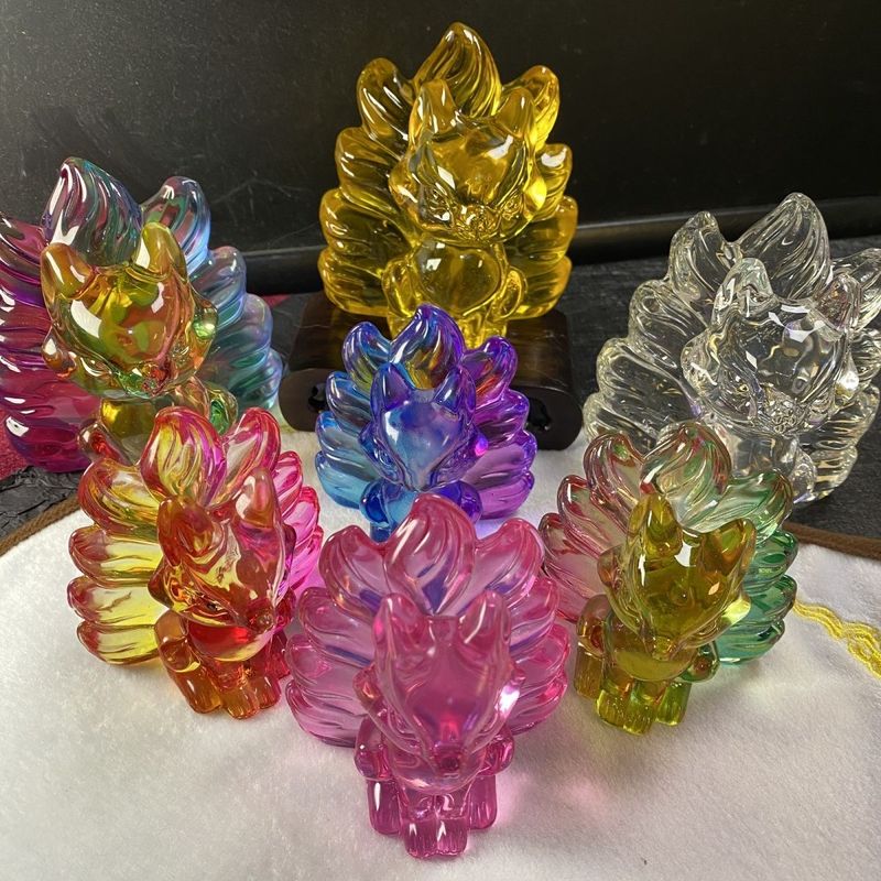 Nuovo cristallo colorato vetro giallo coda fenice nove piccole volpi decorazione offerta statua di dio regalo fiori di pesco_voghion.com