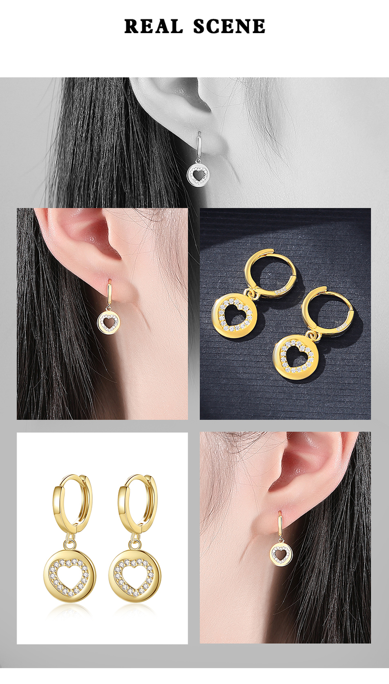 Orecchini da donna pendenti a cerchio delicati in argento sterling. Gioielli per ragazze d'amore con ciondoli a forma di cuore in zirconi dorati_voghion.com