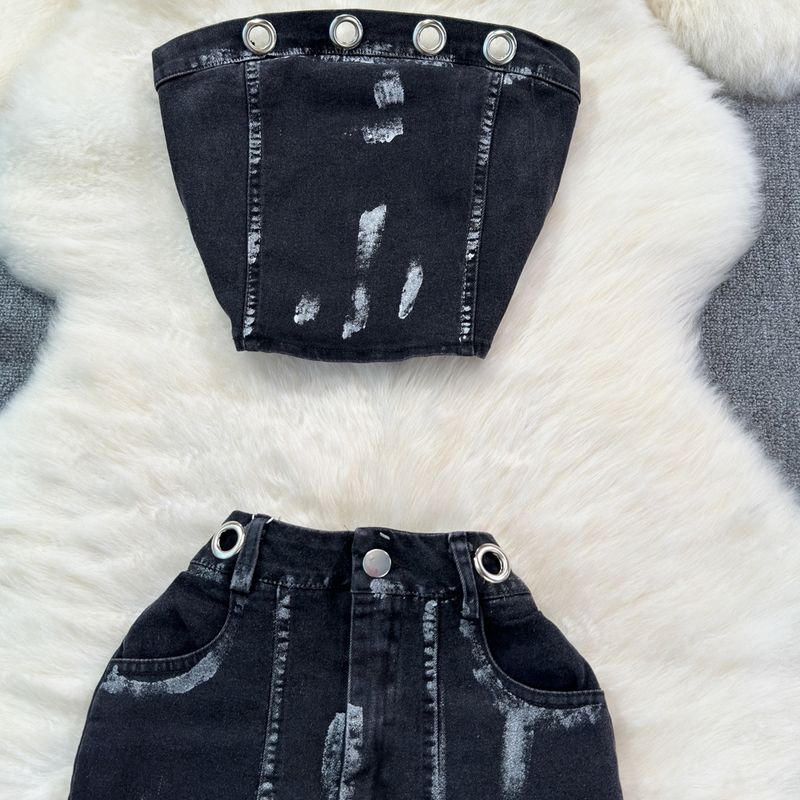 Ropa de mujer, estilo moderno, sexy, chaleco vaquero con un solo hombro, cintura alta, falda acampanada._voghion.com
