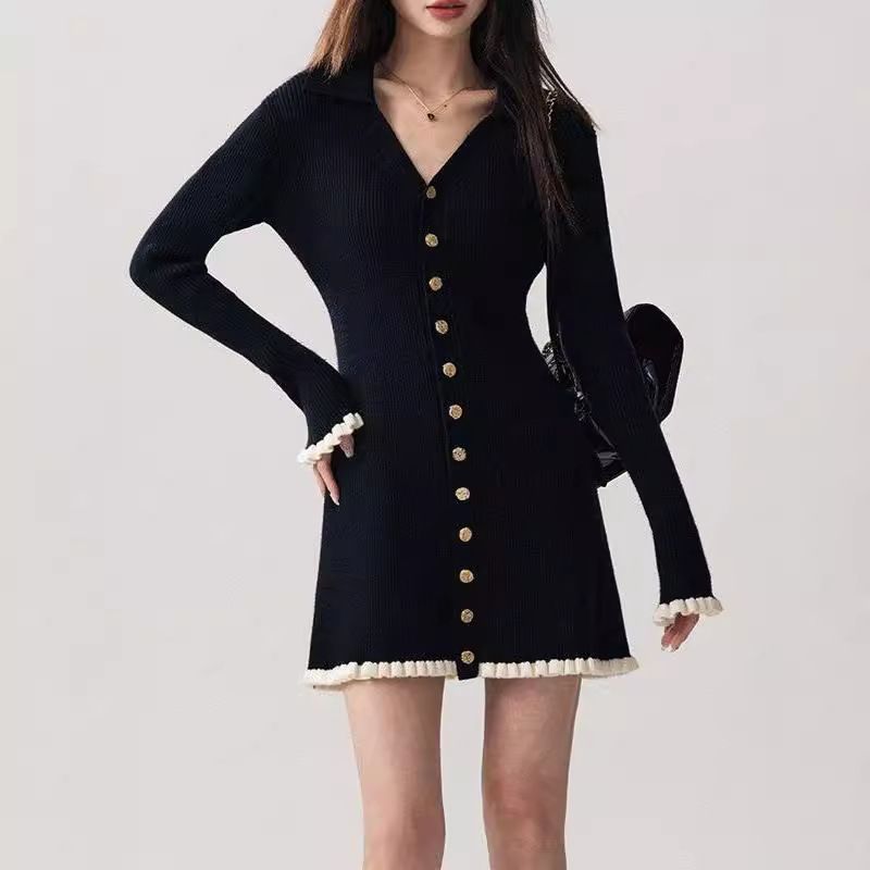 Maglione alla francese con scollo a V, stile piccolo, lavorato a maglia, autunno inverno, nuovo stile da donna, di alta qualità, con volant_voghion.com
