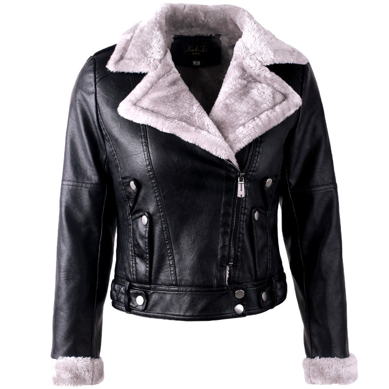 Damen-PU-Lederjacke, Winter, kurze Motorradjacke, großes Revers, lange Ärmel, samtgepolsterte Lederjacke, beliebte Damen-Lederjacke_voghion.com