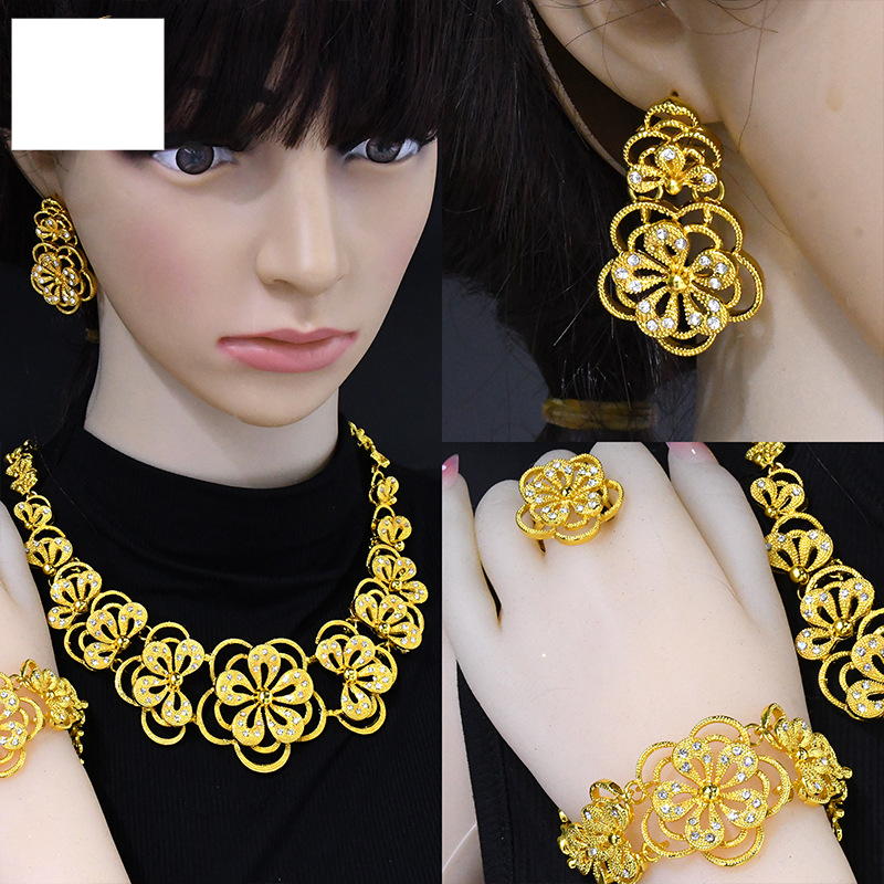 Orecchini da sposa con bracciale e collana in lega di gioielli floreali in 4 pezzi_voghion.com