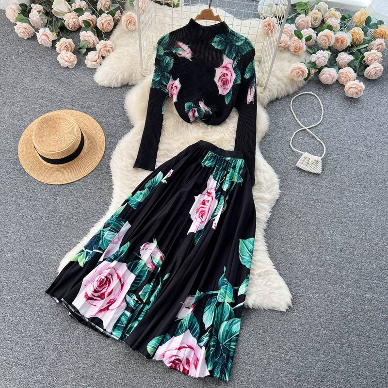 Dameskleding nieuwe bedrukte trui + geplooide rok tweedelige trendy set_voghion.com