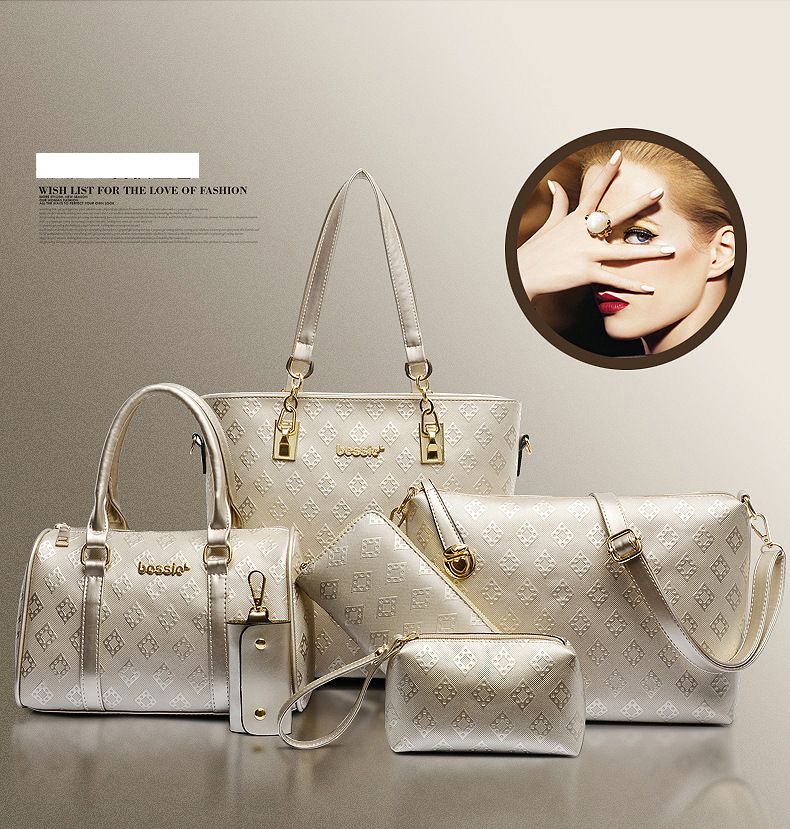 Set di borse da donna, elegante borsa da donna con motivo a rombi in rilievo, borsa a mano con tracolla a sei pezzi_voghion.com