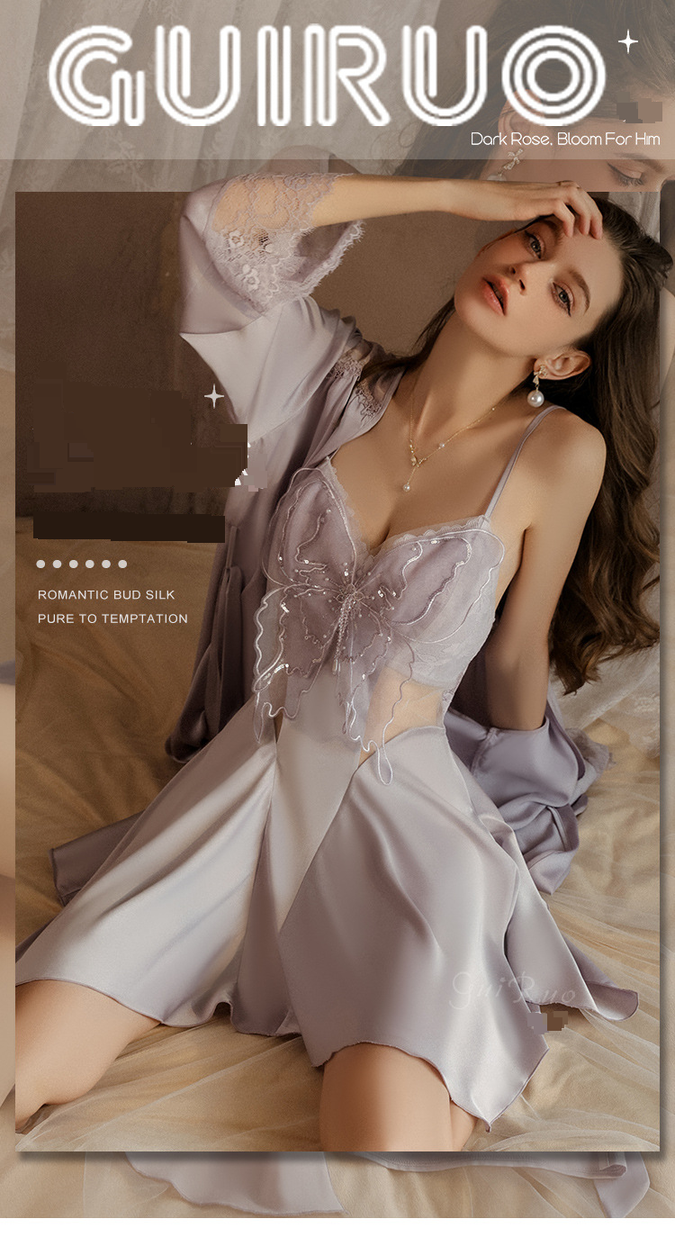 Dametøj Guiruo Sexet Lavt Udskåret Samlet Brystpude Mesh Gennemsigtig Rygløs Stor Størrelse Natkjole Yderkåbe Hjemmetøj Suit_voghion.com