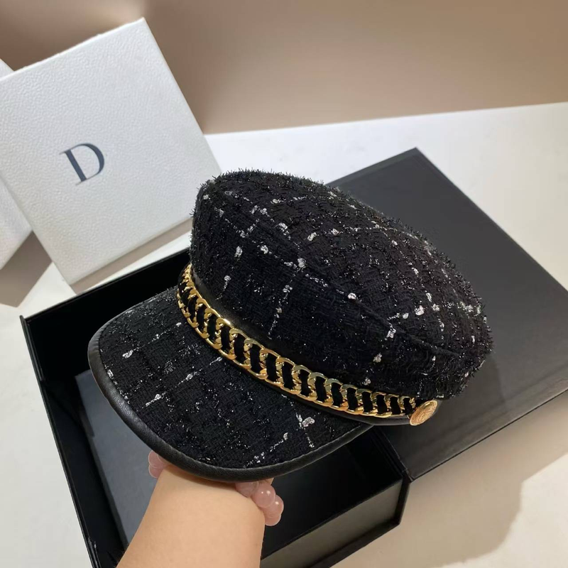 metallkedja Marinblå höst och vinter glänsande siden tjock ylle Mångsidig svart tidningspojkehatt Fashionabla unisex_voghion.com
