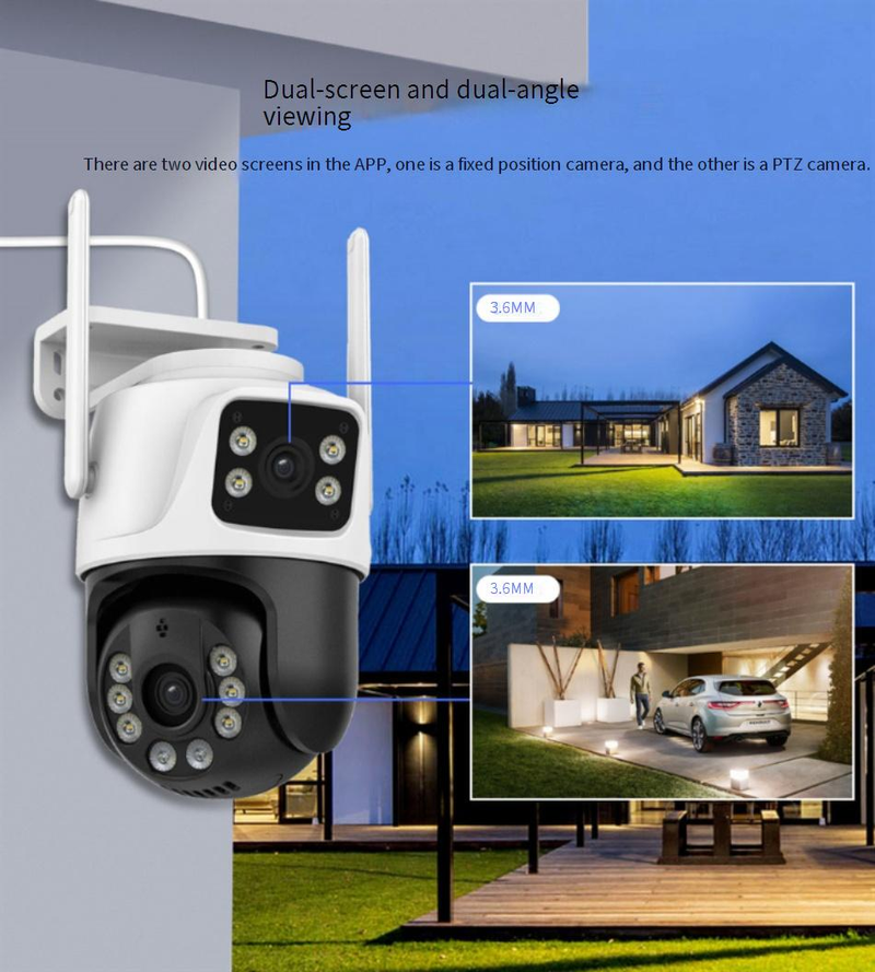 Beveiligingscamera met dubbele lens, wifi voor buiten, HD-kleuren, nachtzicht, geweerkogelkoppelingssysteem, tweerichtingsaudio, IP66 waterdicht, 24/7 opname, bewegingsdetectie_voghion.com