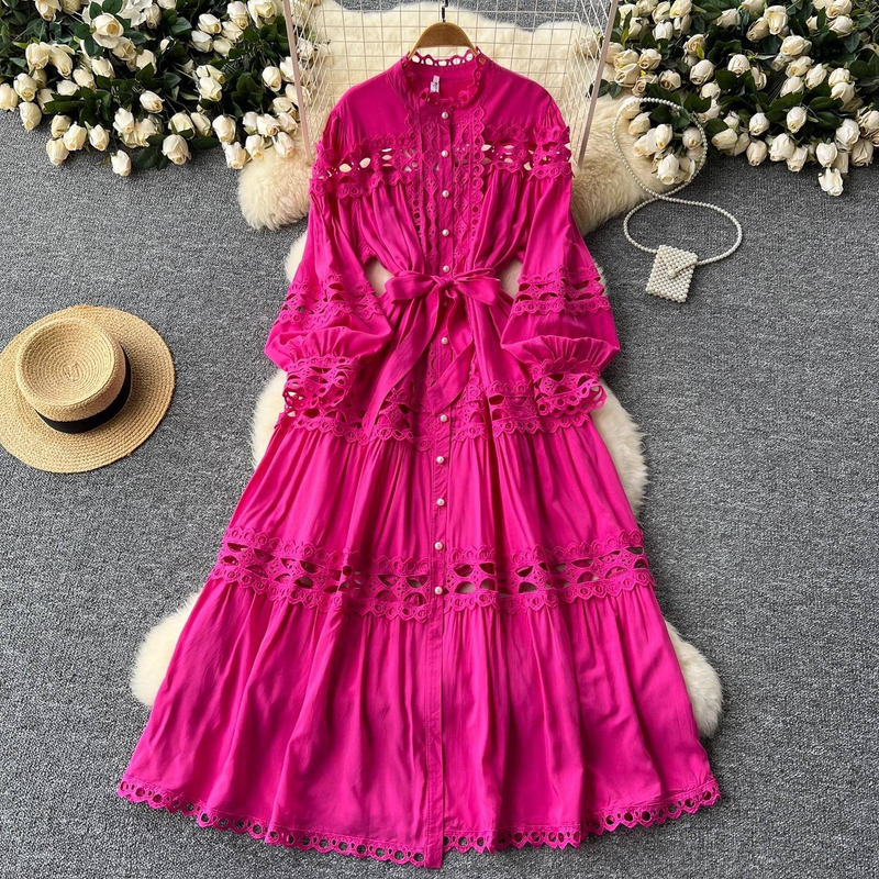 Opulent Baroque Lace Dress – High Neck Bell Sleeve Gown With Corset Waist & Dramatic A-Line Skirt (M/L, French Vintage Inspired, Formal Evening Wear)_voghion.com