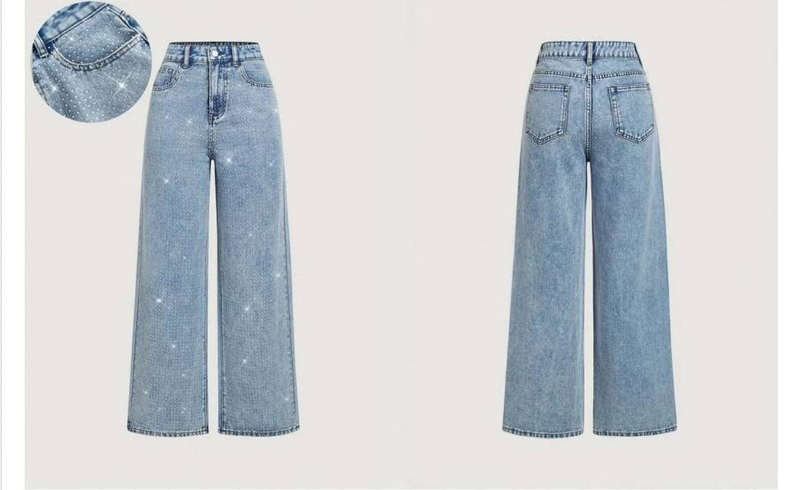 Women's Stretch Denim Jeans – Straight Leg, Washed Blue With Beaded Embellishments (XS-XXXXXL)_voghion.com