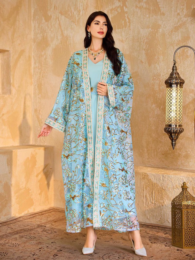 Elegant Gold-Embroidered Abaya Dress – Modest Muslim Long Sleeve Maxi With Floral Lace & Batwing Sleeves (S-XXL, Mint Green)_voghion.com