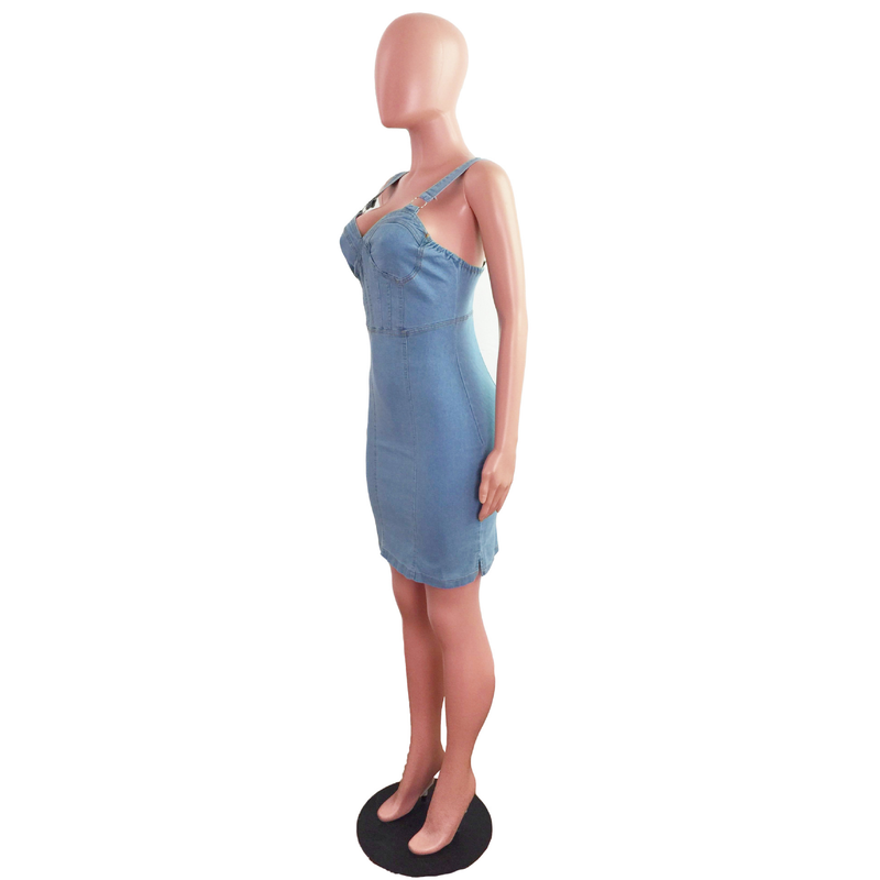 Abito in denim con spacco con gonna all'americana in denim sexy alla moda da donna_voghion.com
