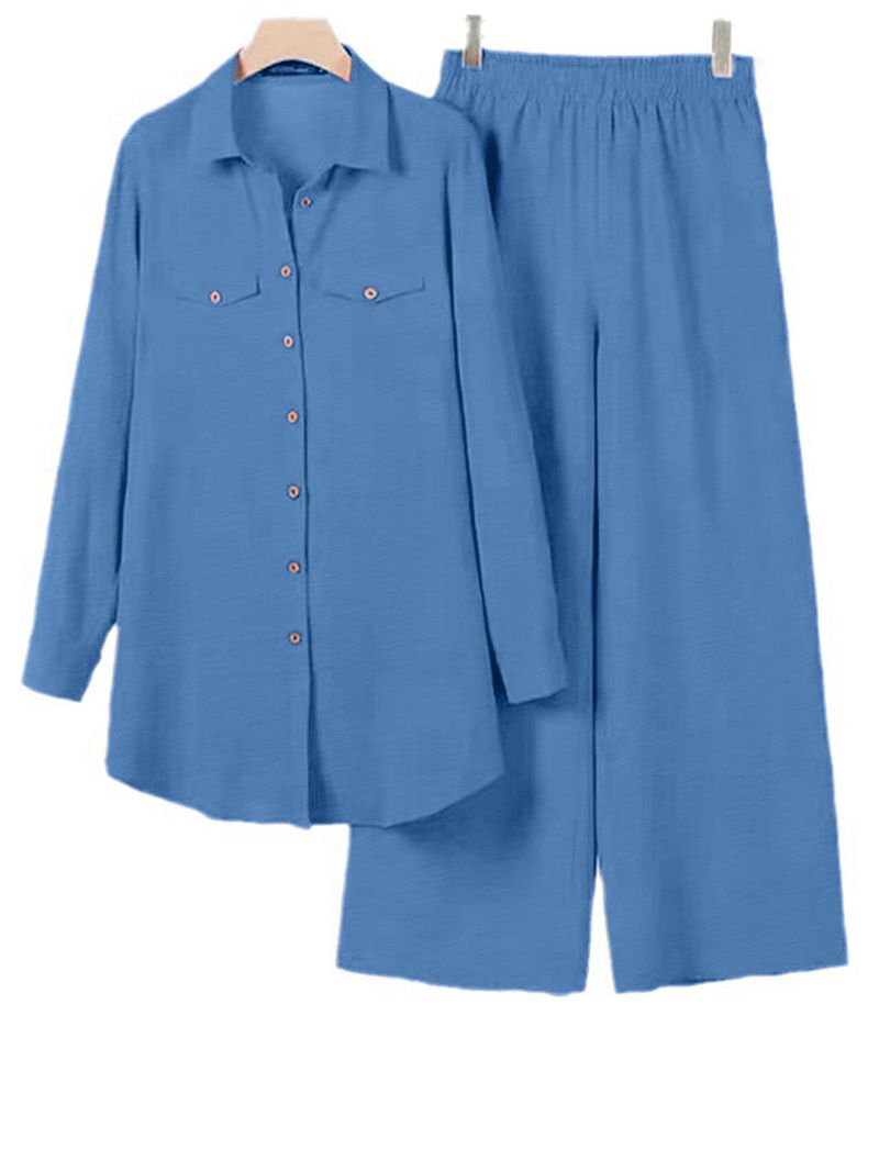 Completo casual da donna musulmana modesta - Top a maniche lunghe e pantaloni a gamba dritta in azzurro e verde smeraldo (S-XXL)_voghion.com