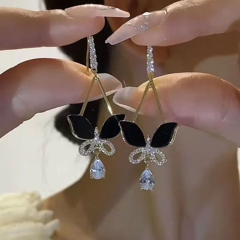Women's earrings Zircon Black Butterfly Earrings Internet celebrity popular style light luxury temperament versatile niche design exquisite earrings_voghion.com