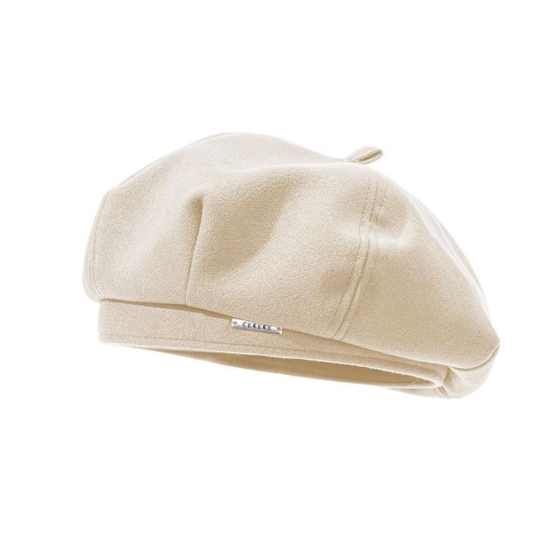 Korean Style Autumn Winter Woolen Metal Label Beret Women Octagonal Big Head Circumference Make Your Face Look Smaller_voghion.com