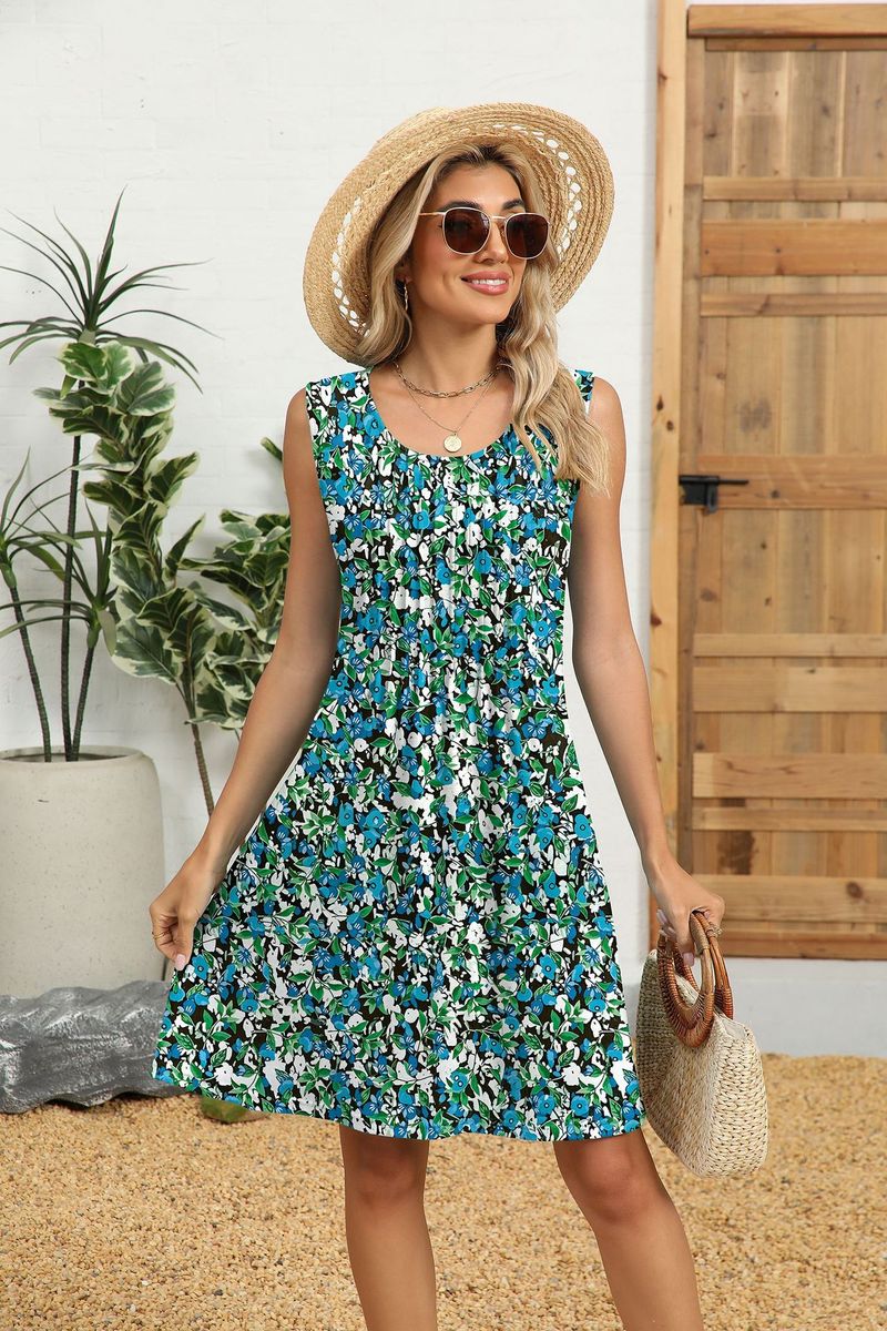 Mini abito midi a righe con stampa floreale, senza maniche, estivo, con bottoni alti, cerniera, tinta unita, antipiega, sinonimi_voghion.com