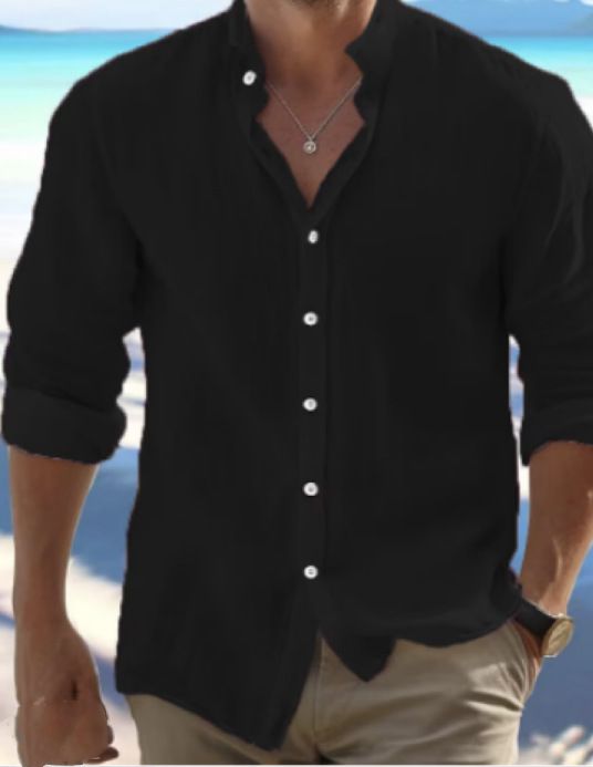 Herrenbekleidung Leinen Button-Down-Hemd Strandhemd Langarm Einfarbig Stehkragen Freizeithemden_voghion.com