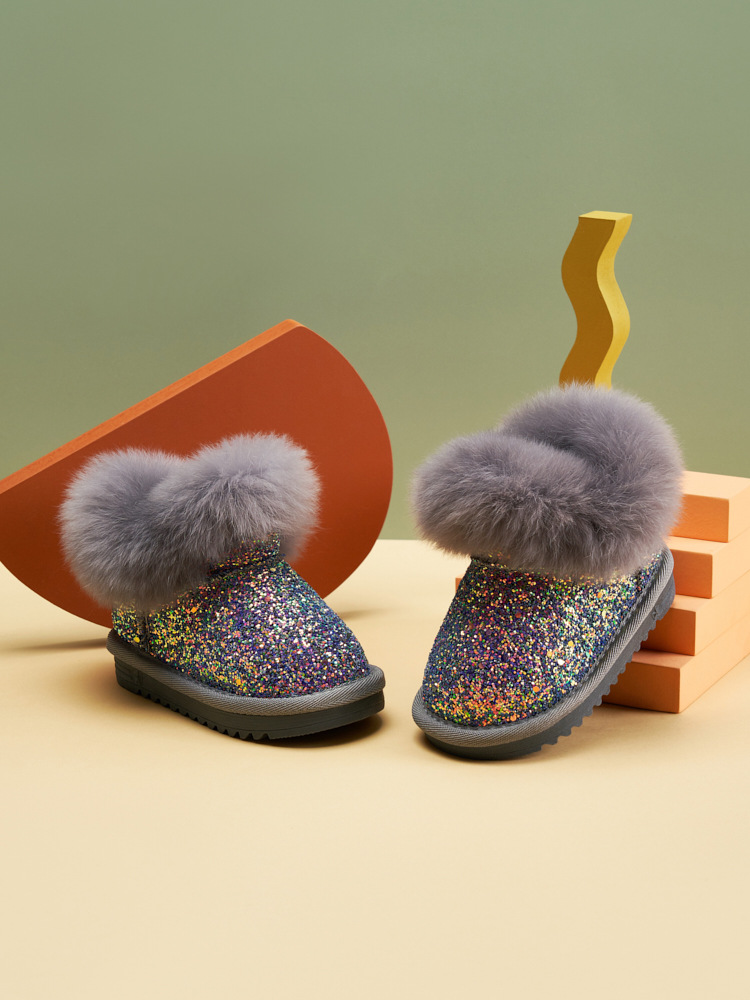 Mädchen-Schneestiefel, Leder und Fell integriert, wasserdichte Kinder-Plüsch-Winterschuhe, Kinder-Baumwollstiefel, klein_voghion.com