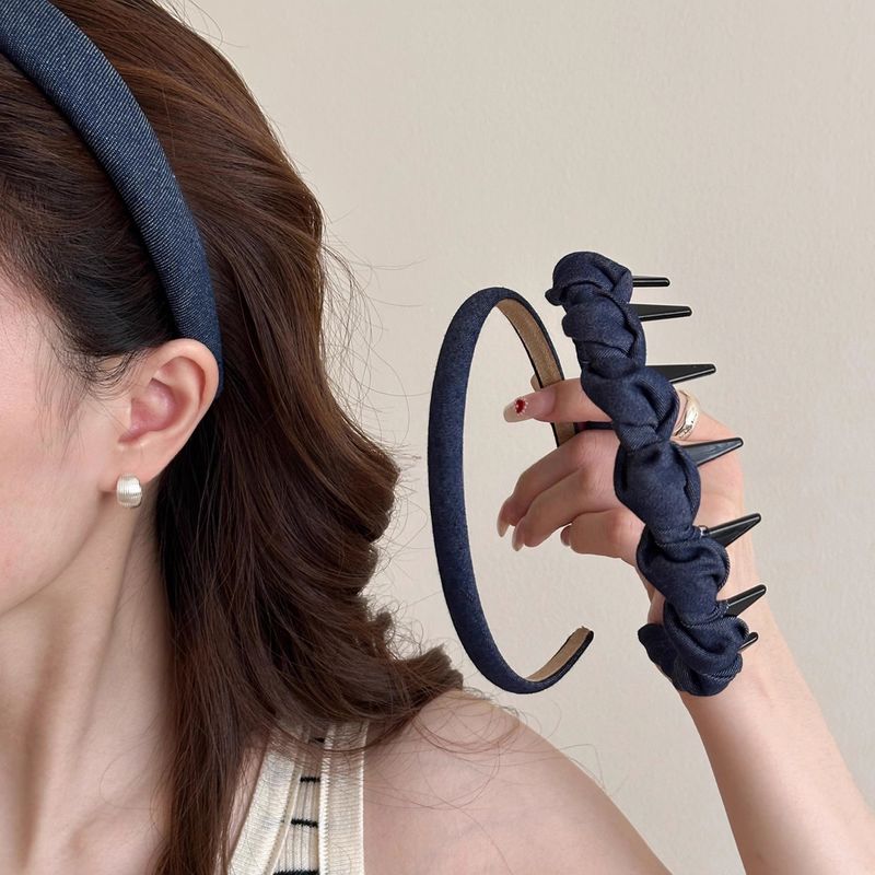Fascia per capelli in denim plissettato in stile coreano per donna, top con teschio alto, da indossare tutti i giorni, per lavare il viso, stile di alta qualità, versatile per l'estate_voghion.com