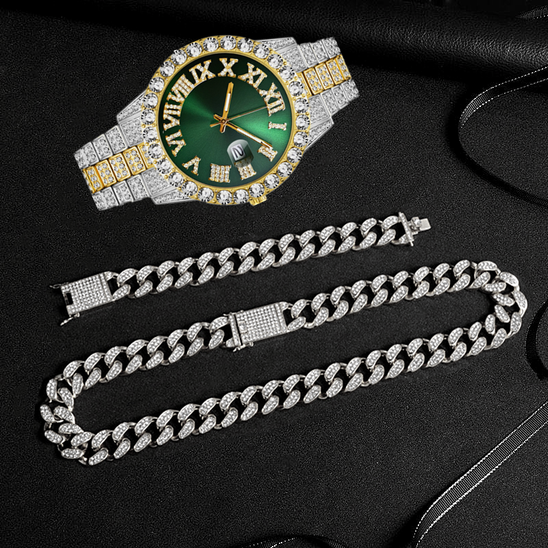 Full Iced Out Watch Erkek Küba Bağlantı Zinciri Bilezik Kolye Choker Bling Takı Erkekler İçin Büyük Altın Zincirler Hip Hop Erkek Saat Seti_voghion.com