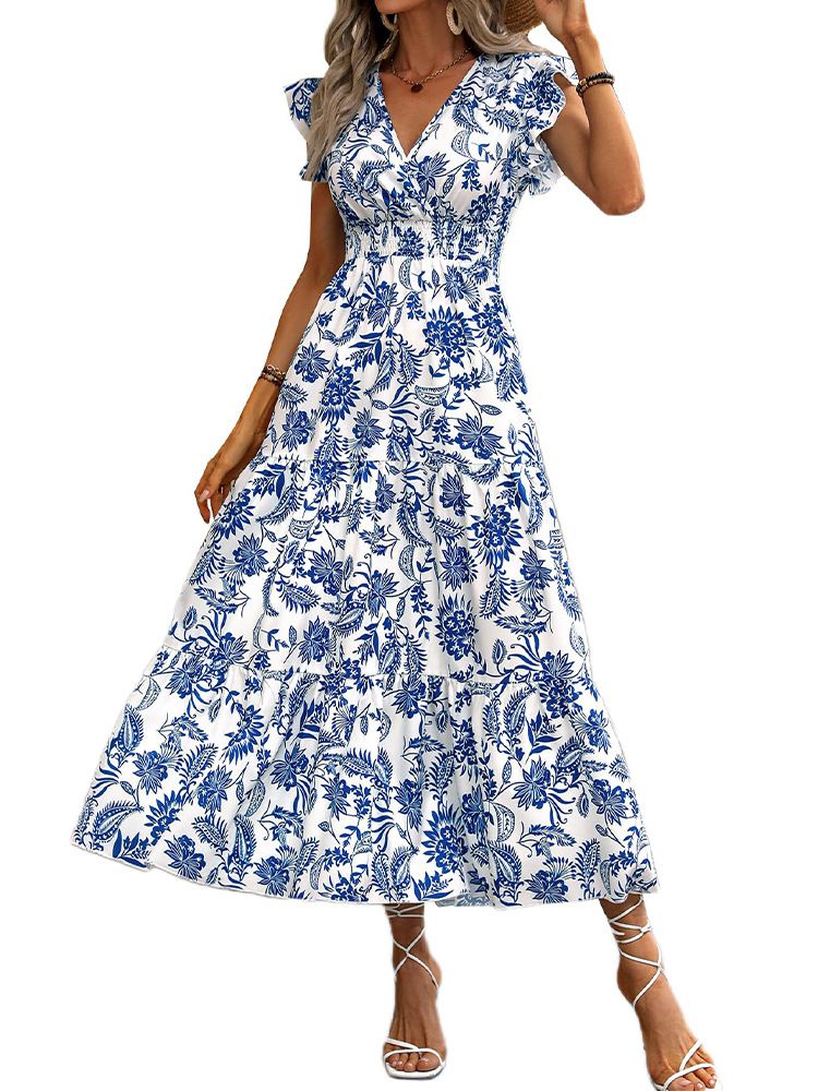 Abito estivo da donna con scollo a V, stile bohémien, con cintura in vita e gonna lunga a strati con motivi floreali_voghion.com