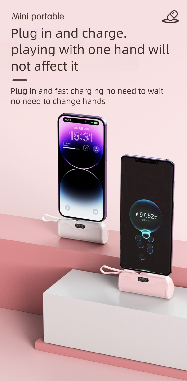 Mini Compact Large Capacity Built-in Cable Bank 10000mAh Fast Charging Digital Display Portable Shared Mobile Power_voghion.com