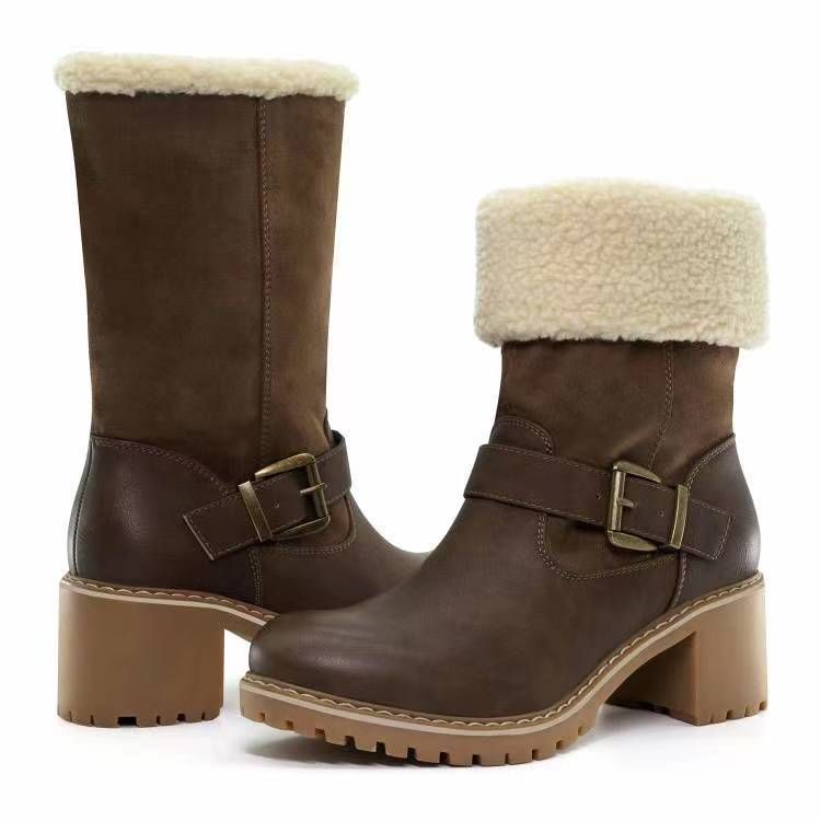 Wënsch grenziwwerschreidend Aussenhandel nei Schnéi Stiefel Fraen Hierscht a Wanter niddereg Faass zolidd Faarf Samt Koteng waarm Gürtelschnalle grouss Gréisst Dame Stiefel_voghion.com