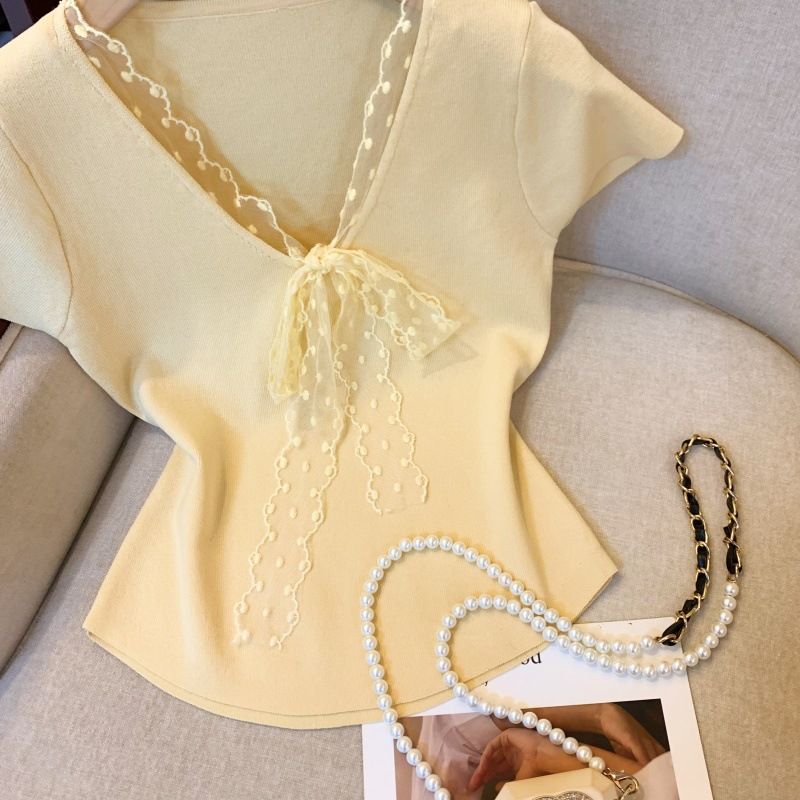 Maglietta a maniche corte in maglia con scollo a V, da donna, Real Shot_voghion.com