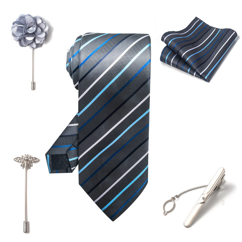 Set da uomo alla moda in tinta unita a righe con anacardi, confezione regalo da 6 pezzi, set con corsetto con fermacravatta e sciarpa quadrata_voghion.com
