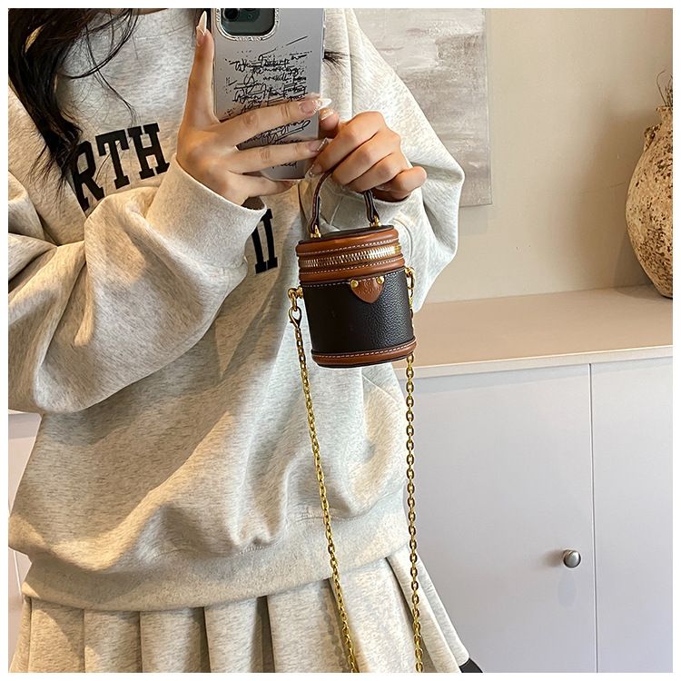Borsa a secchiello da donna, mini borsa a secchiello rotonda con contrasto di colore, stile per famiglie, da portare a mano, piccola borsa a tracolla color rossetto, da donna_voghion.com