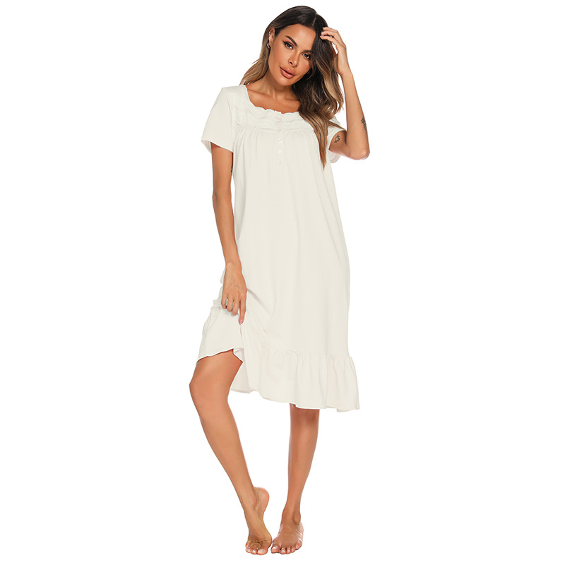 Damenbekleidung kurzärmliges Nachthemd aus Baumwolle mit langem Rock, weiblicher Sommerpalast-Stil, süße Prinzessin, niedlich, lose, große Größe, Pyjama_voghion.com