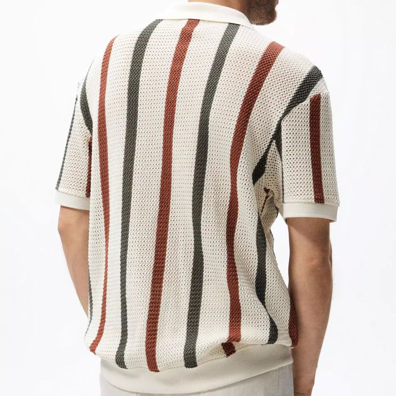 Herenkleding 2024 Zomer Chunky Hollow Knit Sweater Heren Gestreept Contrast Kleur Wol Casual Poloshirt_voghion.com