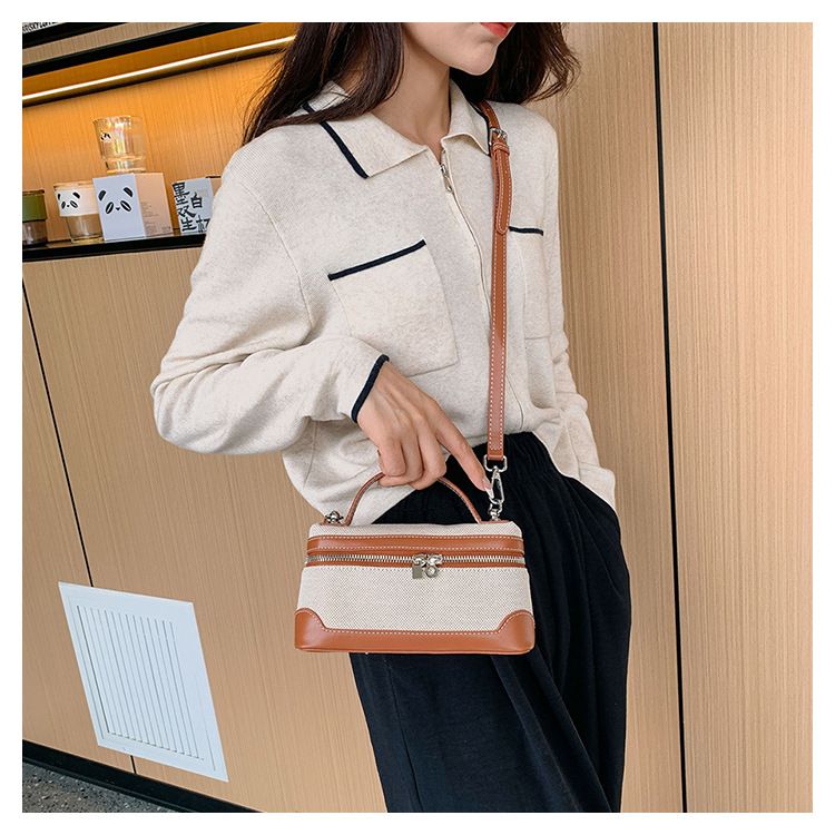 Bags for women 2024 new cross border trendy retro small square bag canvas contrast color stitching textured shoulder messenger bag_voghion.com