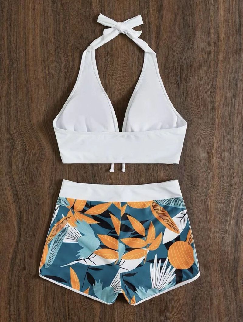 Women's Clothing Swimsuit Women's Split High Waist Boxer Tie Bikini Printed Solid Color Swimsuit_voghion.com