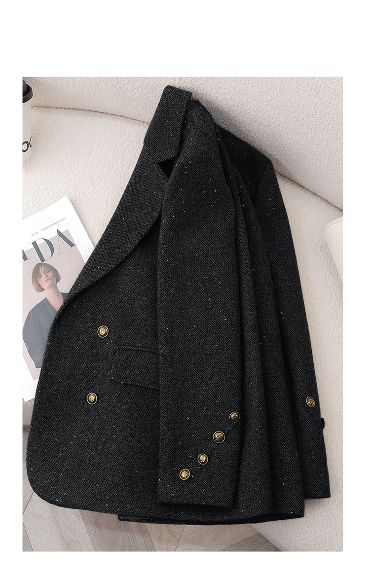 Blazer da donna in tweed misto lana per autunno inverno - Giacca da ufficio doppiopetto slim fit con revers a lancia (nero, marrone, rosso, grigio)_voghion.com