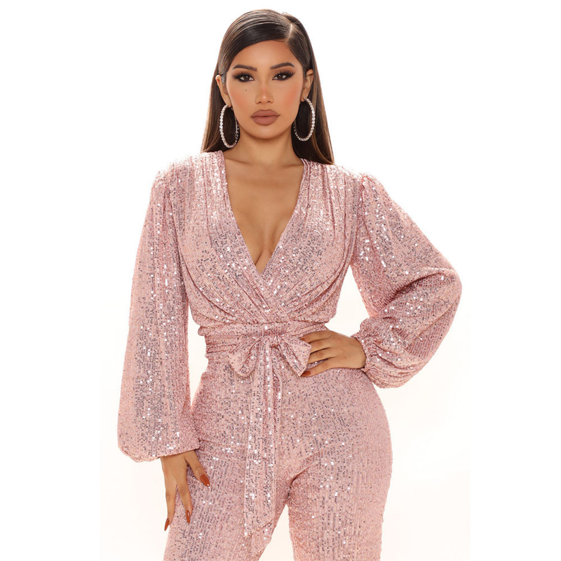 Women's sequined deep V-neck long-sleeved jumpsuit _voghion.com