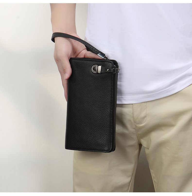 Men's Clutch Bag Wrist Bag First Layer Cowhide Zipper Men's Large Capacity Genuine Leather Wallet Mobile Phone Bag Men's Casual Business Handbag_voghion.com