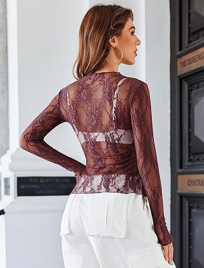 Top da donna, maniche lunghe, collo alto, camicia trasparente, top in pizzo floreale trasparente, hanno un vero colpo_voghion.com
