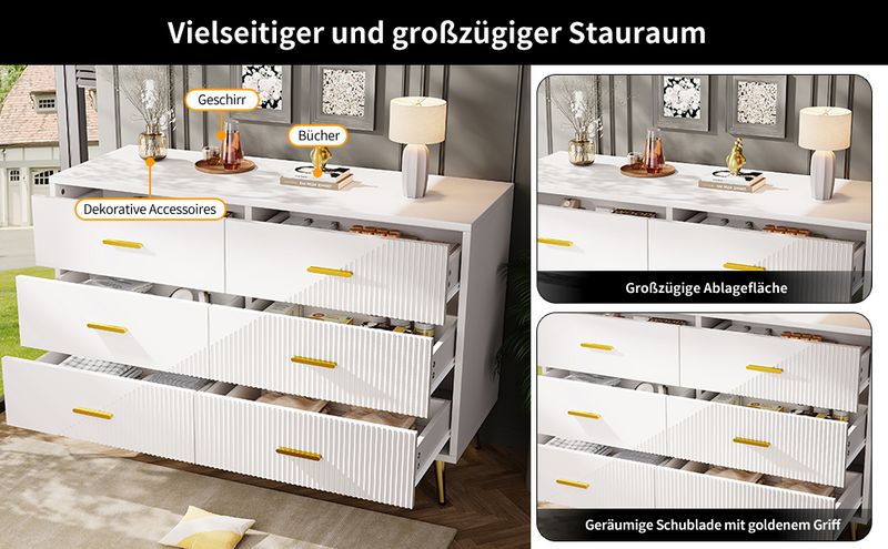 Kommode Weiß Mit 6 Schubladen, 3D-Schranktürdesign, Goldene Beine_voghion.com