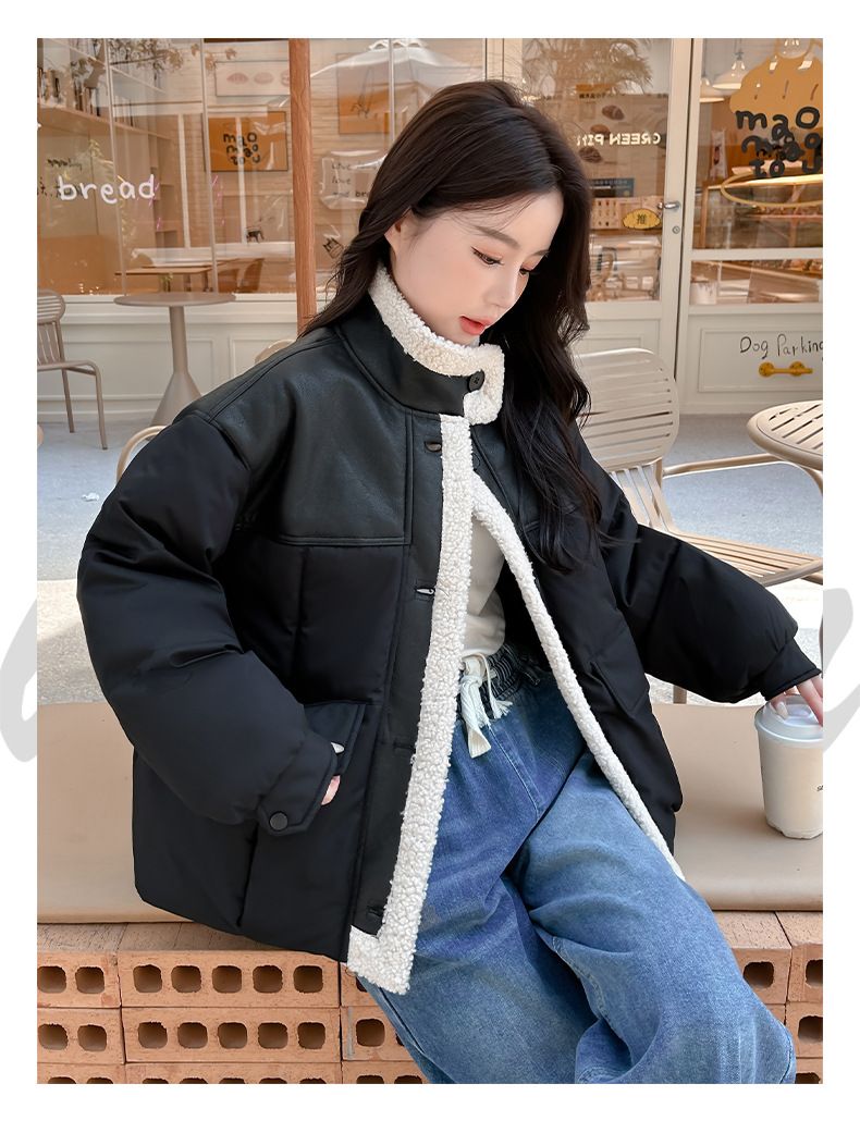 Kurzer, wattierter Damenmantel mit Lammwollbesatz, übergroße, mit Fleece gefütterte Winterjacke, locker sitzende, lässige Oberbekleidung für zierliche Frauen_voghion.com