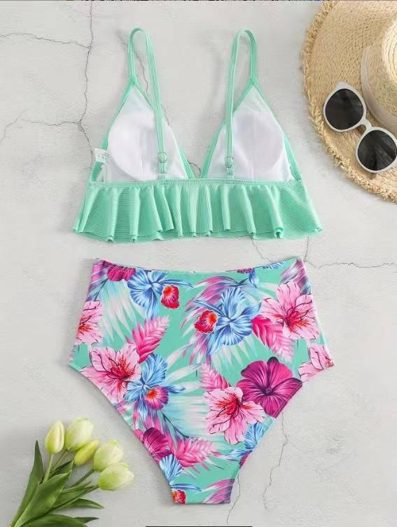 2024 Costumi da bagno europei e americani, costume da bagno bikini con volant diviso in pezzi da donna, costume da bagno stampato, bikini_voghion.com