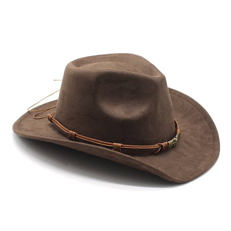 New suede cowboy hat with warped edge Men's and women's outdoor travel hat with rolled eave ethnic top hat felt hat_voghion.com