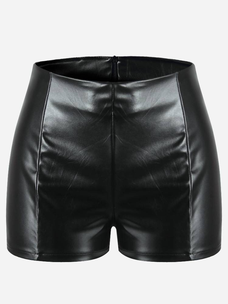 PU-nahkainen verryttelypuku Naisten 2-osainen setti kesän lyhythihainen nappi Crop Topit + Pyöräilyshortsit Streetwear Muotiasut_voghion.com
