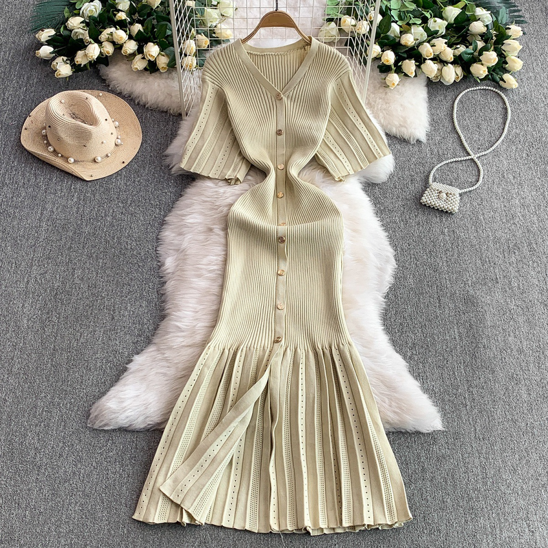 Women's Clothing Elegant V Neck Single Breasted Short Sleeved Dress Knitted Elastic Waist Hollow Fishtail Long Skirt_voghion.com