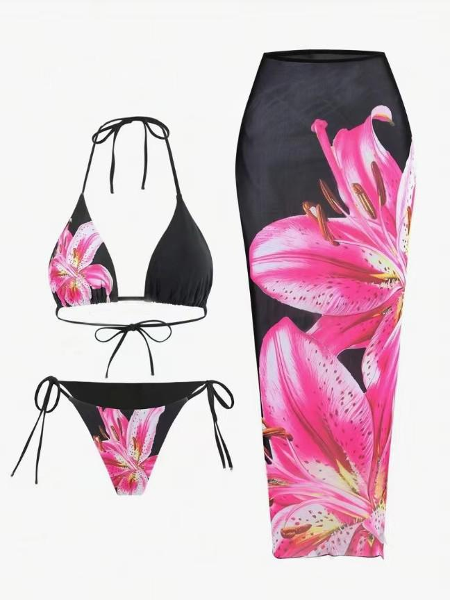 Women's Clothing Split Bikini With Cover Up Floral Print Sexy Three Piece Swimsuit_voghion.com