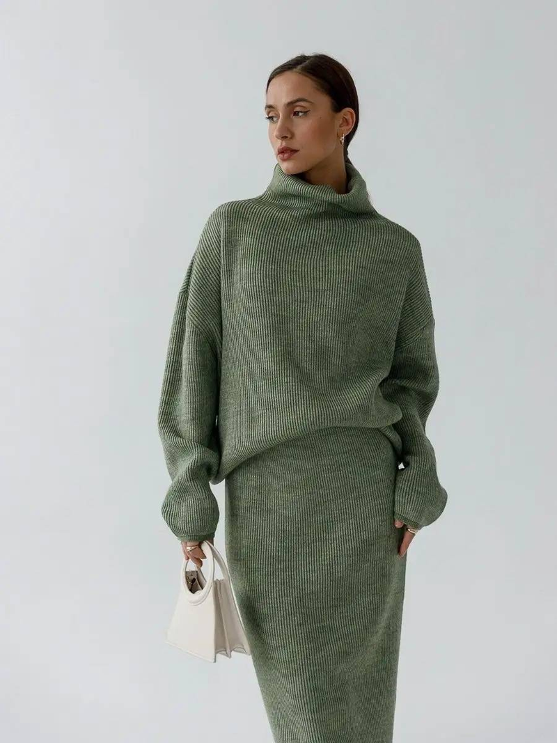 Knitted High-neck Sweater & Slim-fit Skirt Set – Elegant Two-piece Outfit In Beige, Olive Green, White, Green, Yellow, Light Gray, Emerald, Black_voghion.com
