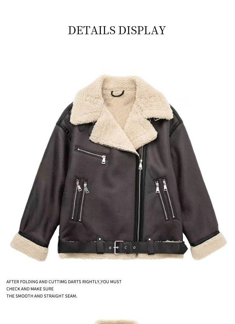 Luxury Faux Shearling Jacket For Women - Winter Cozy Fleece Lined Outerwear With Relaxed Fit & Stylish Biker Design_voghion.com