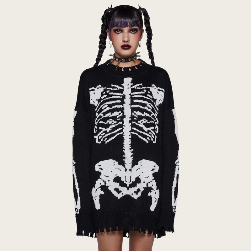 Pull en maille effet vieilli style gothique punk avec imprimé squelette - Pull oversize unisexe style grunge des années 2000 pour homme et femme_voghion.com