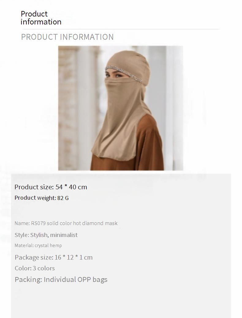 Damenschals Einfarbige Heißdiamant-Kristall-Leinen-Gesichtsmaske Malaysischer Naher Osten Vielseitige Mode Damen Kopftuchhut_voghion.com