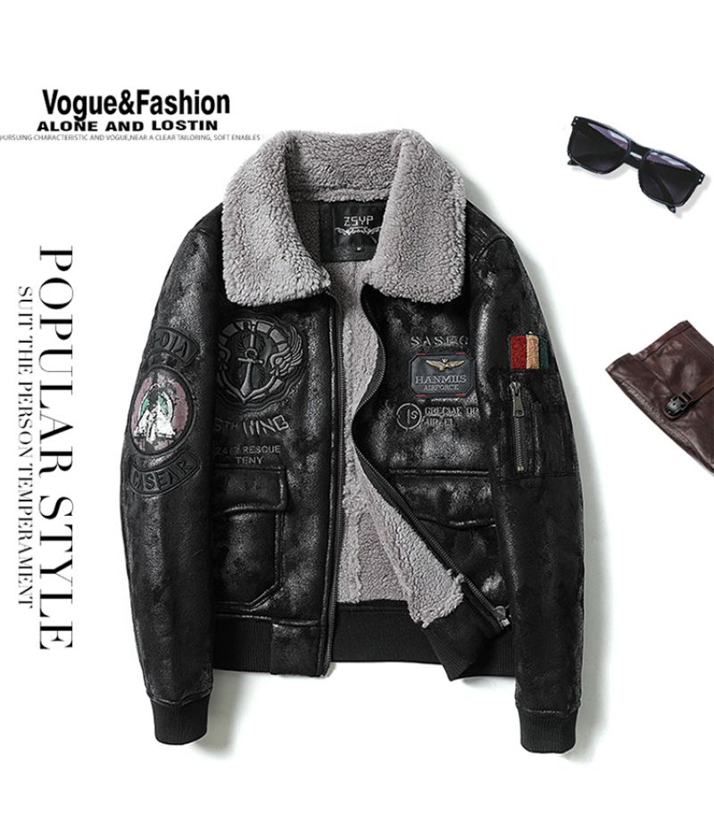 Men's Aviator Style PU Leather Jacket With Embroidered Patches, Fleece-Lined Biker Coat For Winter (Black, Brown, Vintage Brown)_voghion.com