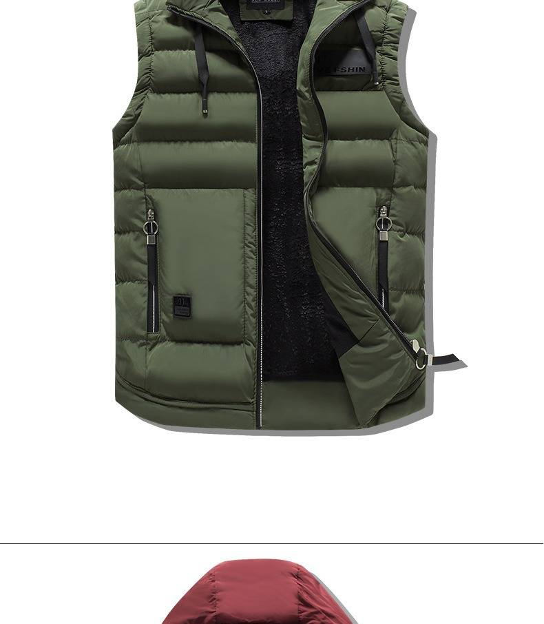 Veste sans manches matelassée d'hiver pour homme, à capuche amovible, fermeture éclair et col montant (noir, marine, olive, kaki, bordeaux)_voghion.com